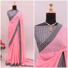 Embroidered Bollywood Poly Silk Saree  (pink,gray)