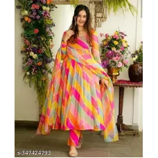 Women Leheriya Pure Cotton Straight suit  (Multicolor)